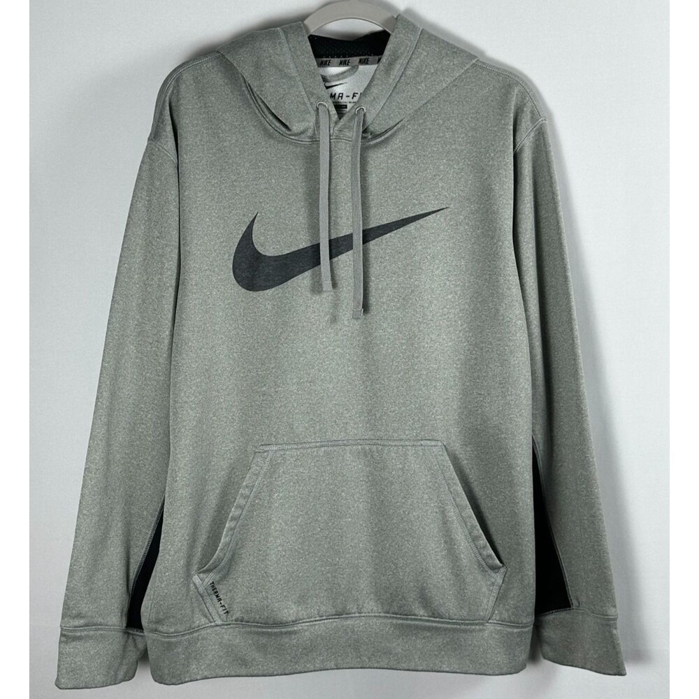 Nike Therma Fit Hoodie Gray Swoosh Pullover Sweatshirt L Training Athleisure Gym